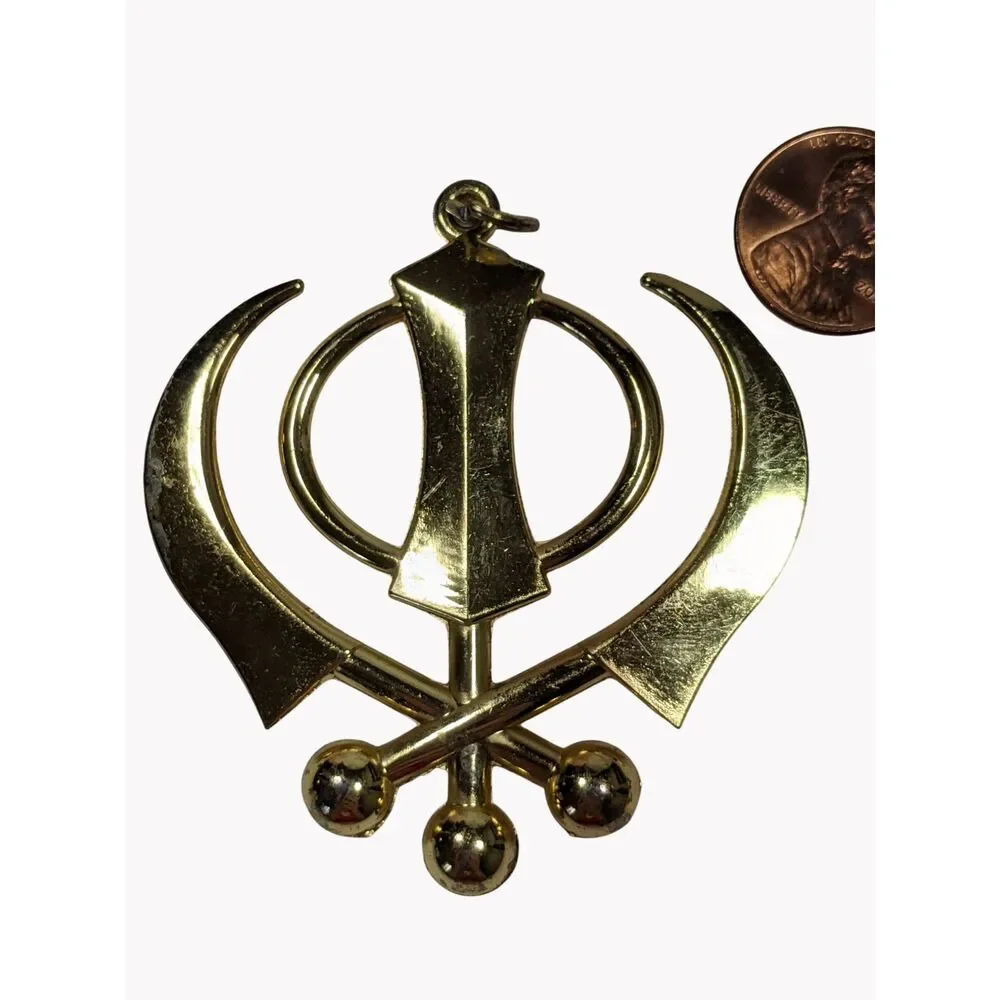 Large Khanda Pendant Gold Tone Religious Protective Amulet Charm Sikhism